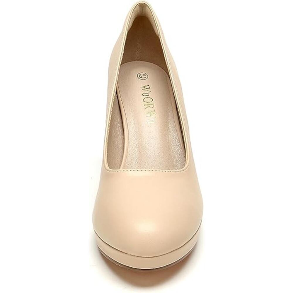 Last One    Women's Round Toe Low Platform High Heel Pump Office Work Dress Nude - Picture 2 of 6
